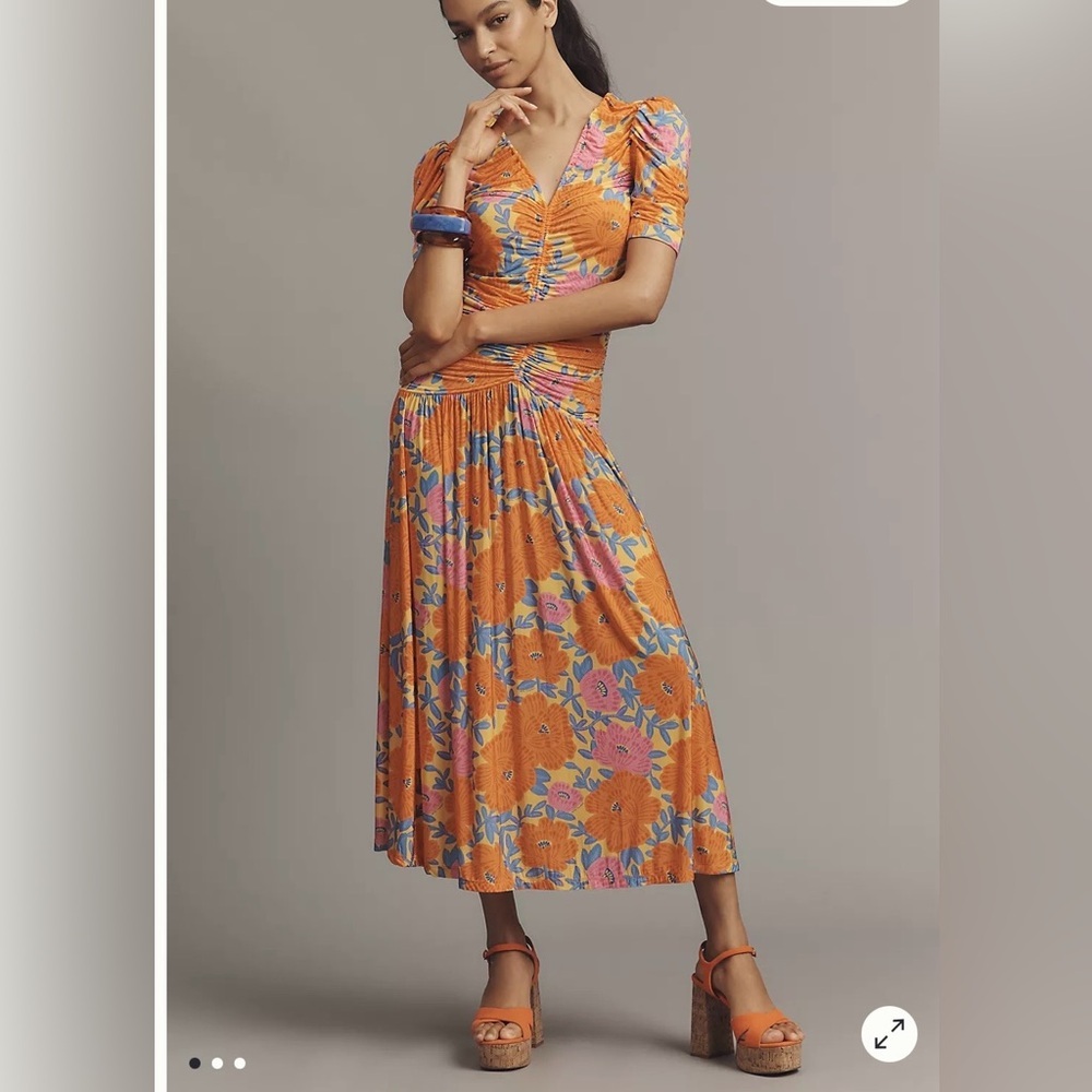 Farm Rio x Anthropologie Ruched Floral Puff Sleeve Midi Dress NWT Size L